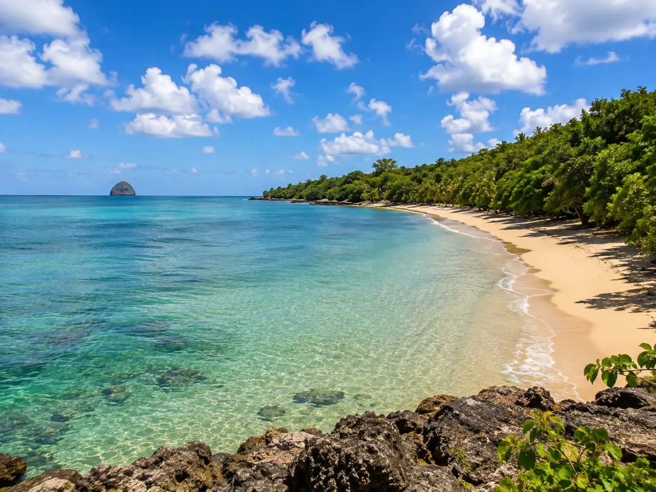 Plage d'Anse Mabouya à Sainte-Luce en Martinique vue depuis le sentier littoral, avec le Rocher du Diamant au loin.