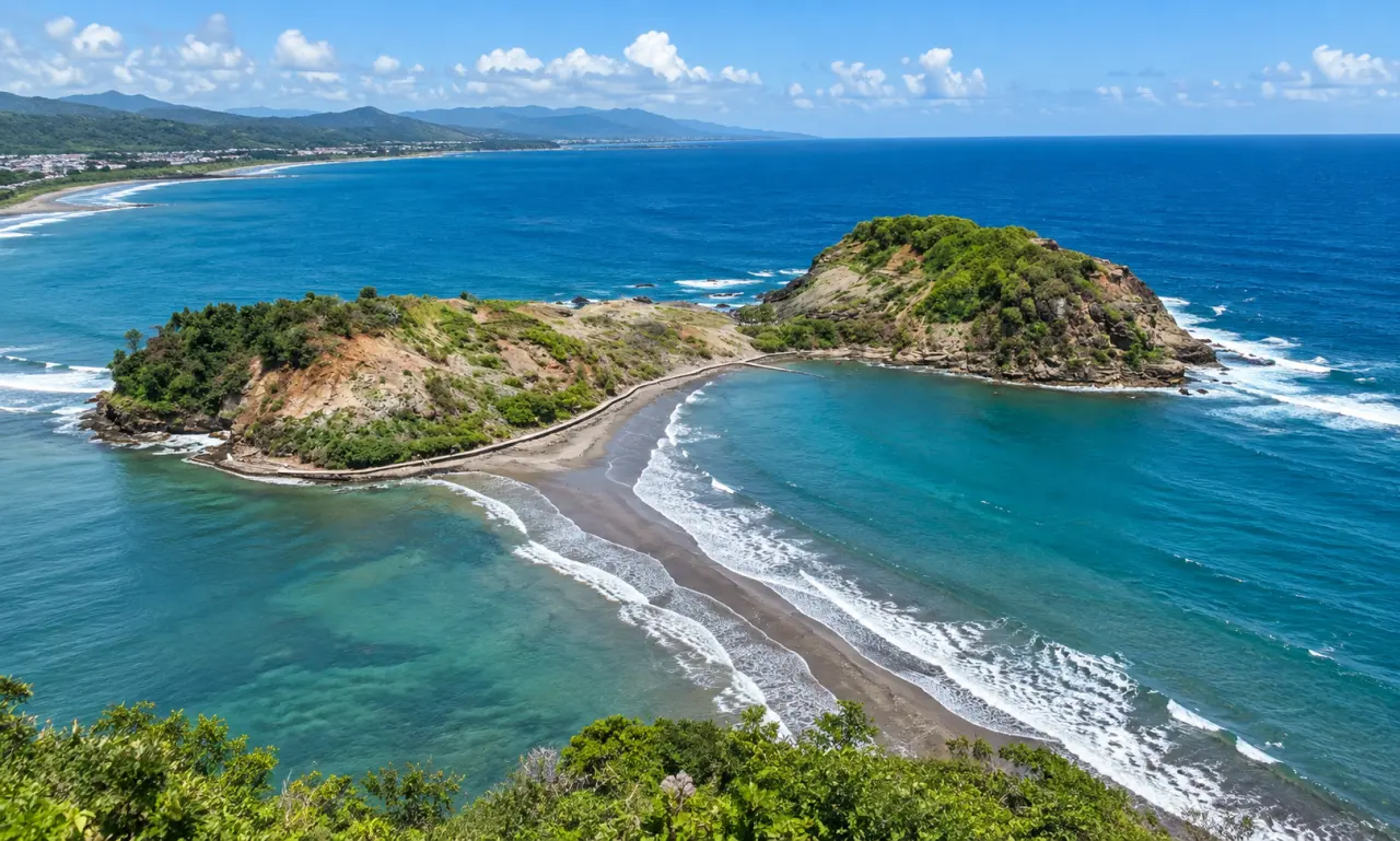 Tombolo de Sainte-Marie en Martinique, vue aérienne sur le cordon de sable reliant deux îlets rocheux entre mer turquoise et végétation tropicale.
