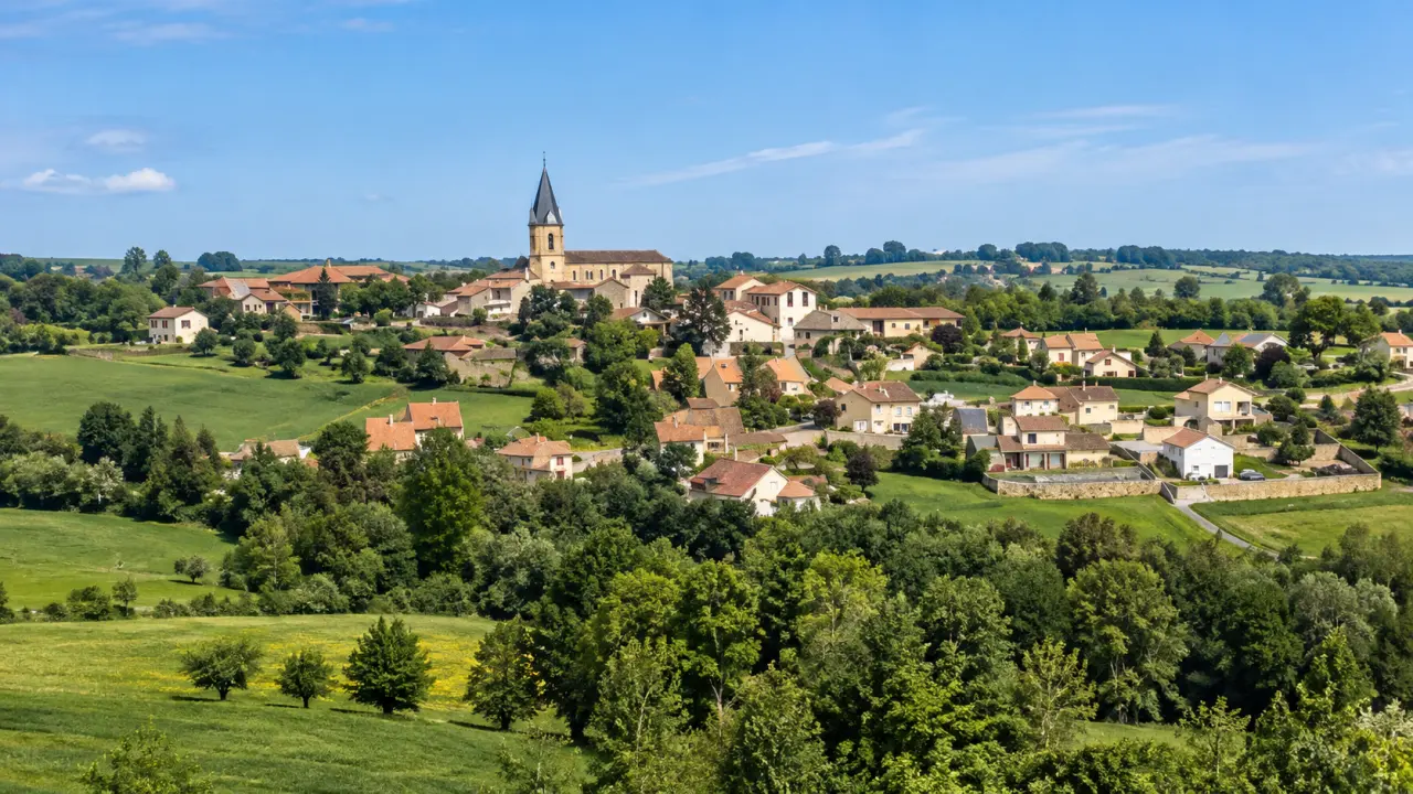 Village français vu depuis les collines, avec église au clocher élancé, maisons traditionnelles, champs verdoyants et paysage rural en arrière-plan.