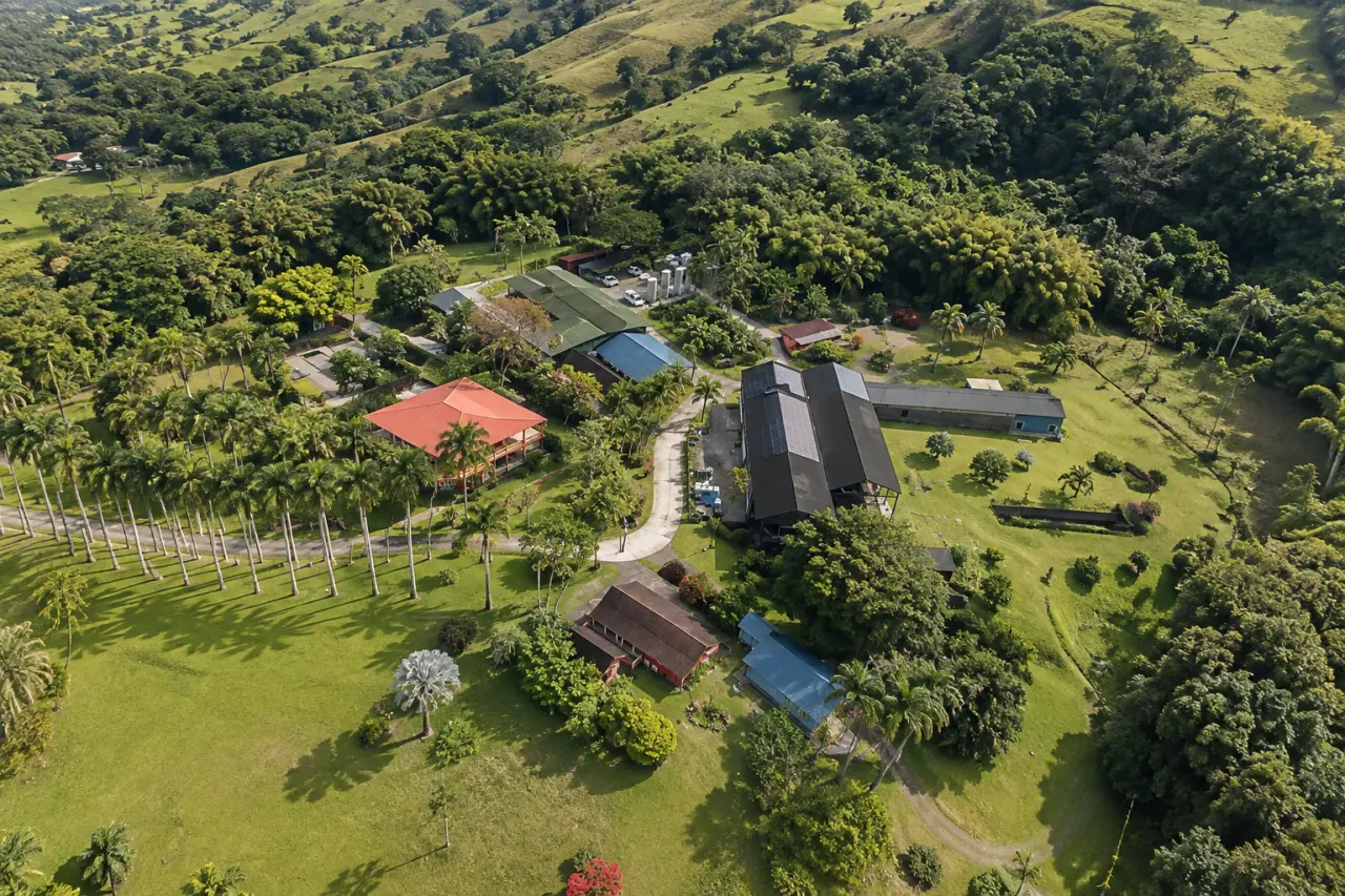 Vue aérienne d’un domaine tropical en Martinique avec bâtiments, jardins, palmiers et collines verdoyantes