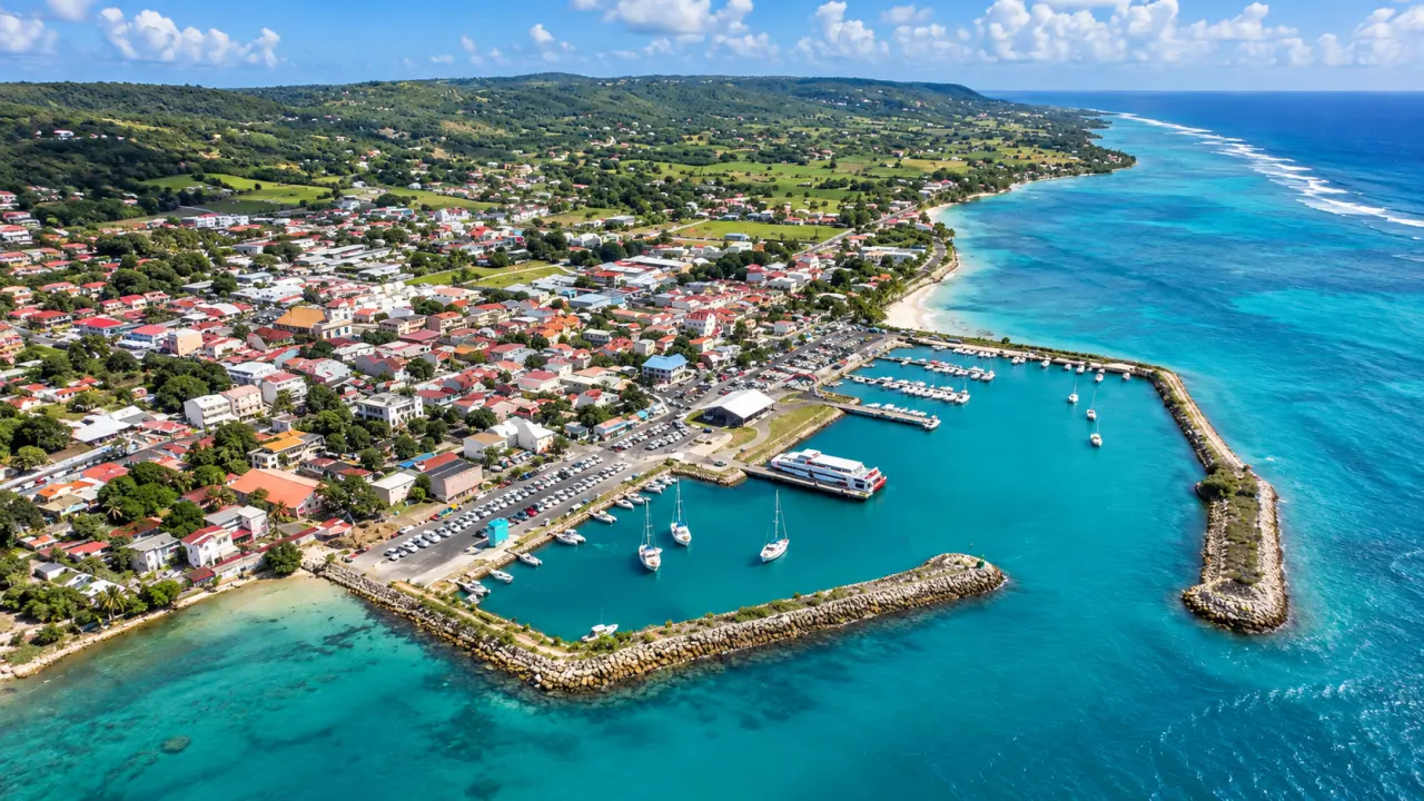 Vue aérienne de Grand-Bourg à Marie-Galante en Guadeloupe, avec port, marina, plages de sable blanc, eaux turquoise et collines verdoyantes.