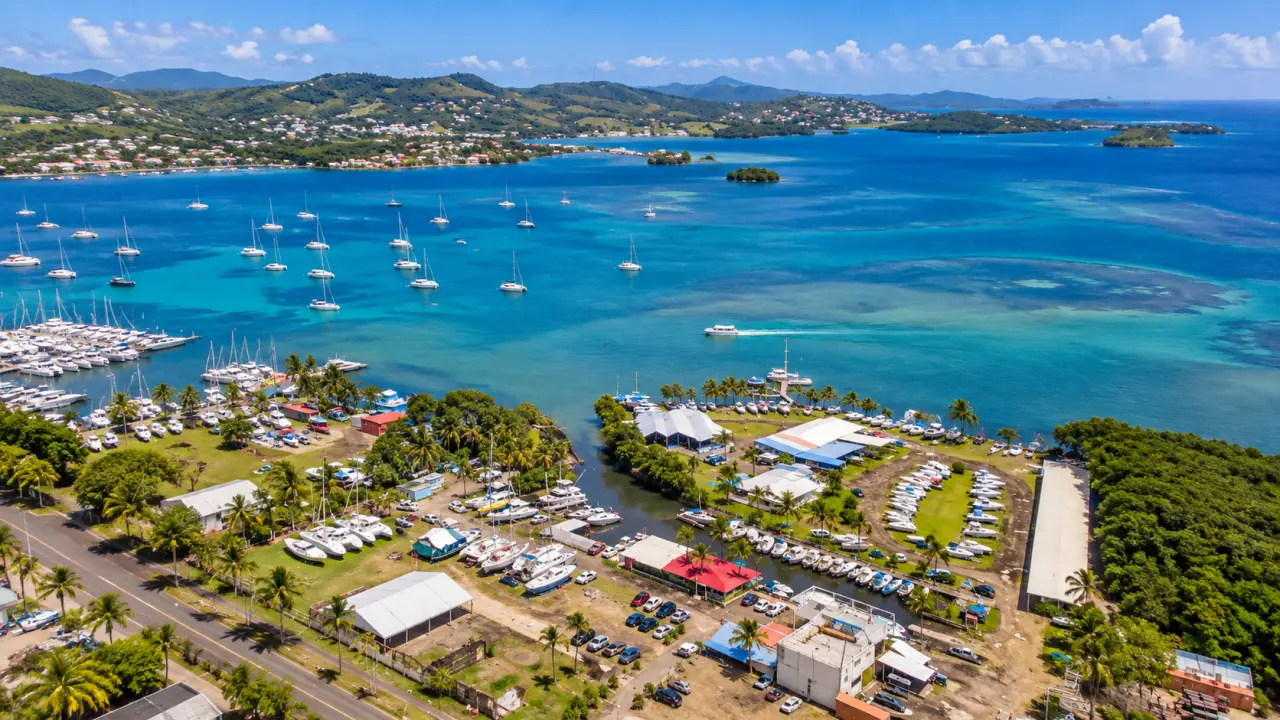 Vue aérienne de la marina du Robert en Martinique, avec bateaux, voiliers, baie turquoise, îlets et collines verdoyantes.