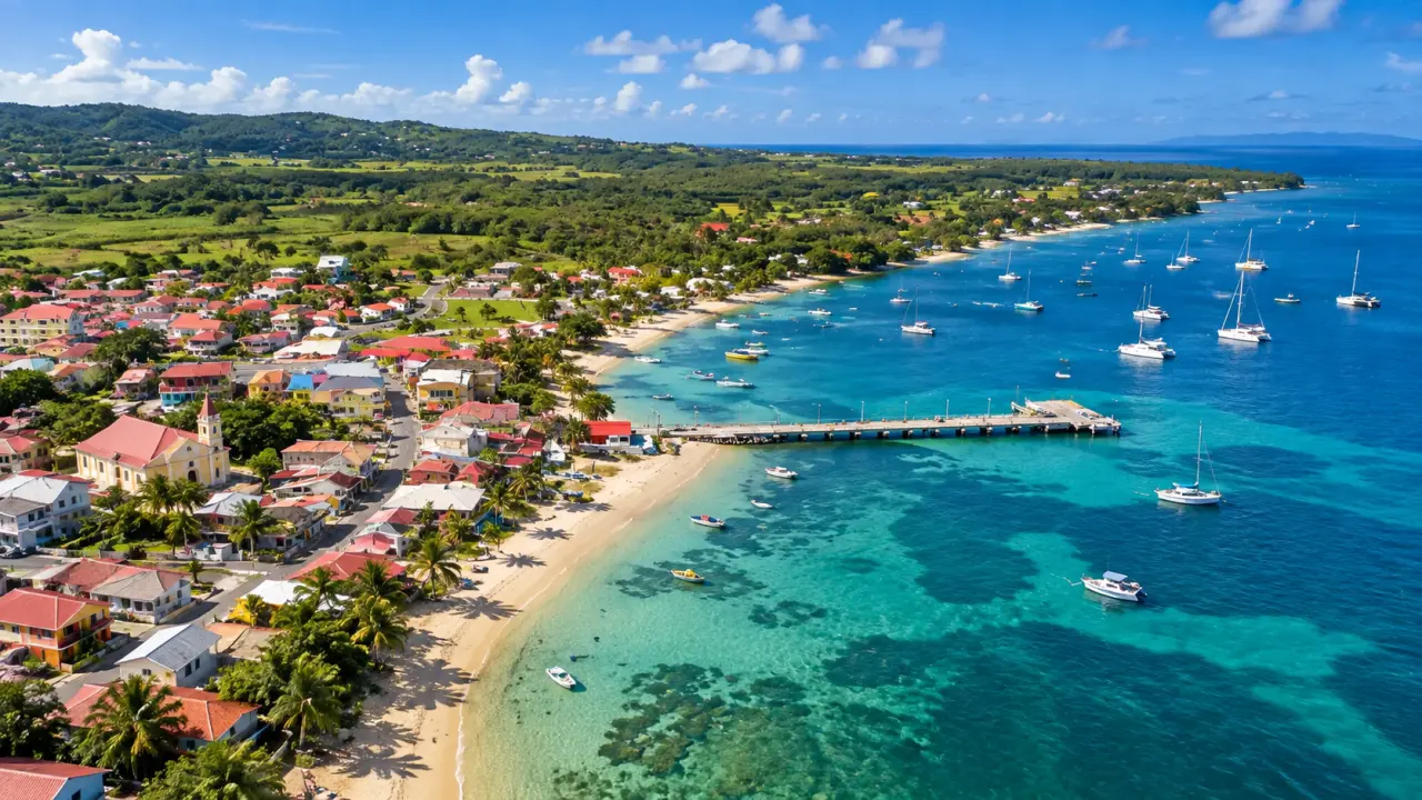 Vue aérienne de Sainte-Anne en Guadeloupe, village côtier, plages de sable blanc, eaux turquoise et bateaux dans la baie.