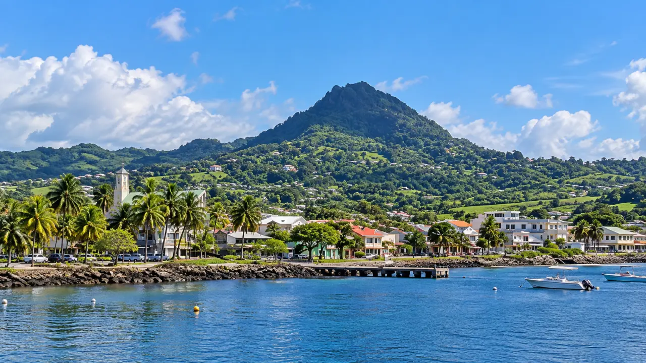 Vue panoramique du Robert en Martinique avec la baie, le littoral, les maisons et la montagne verdoyante en arrière-plan.