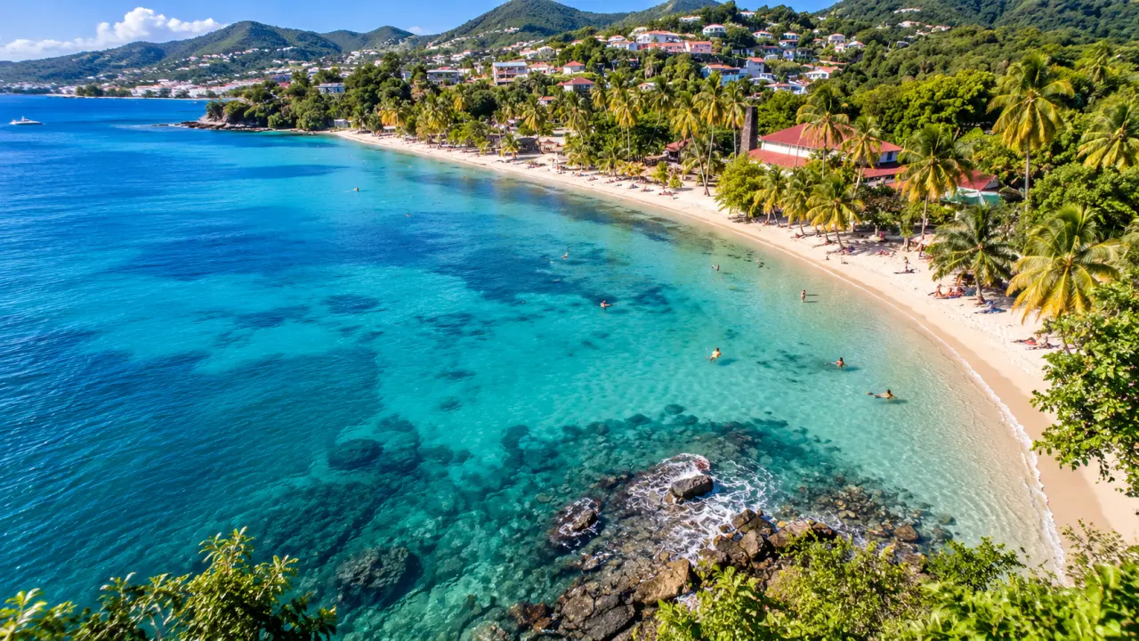 Anse Figuier en Martinique, plage tropicale bordée de cocotiers, eaux turquoise et village verdoyant en arrière-plan.