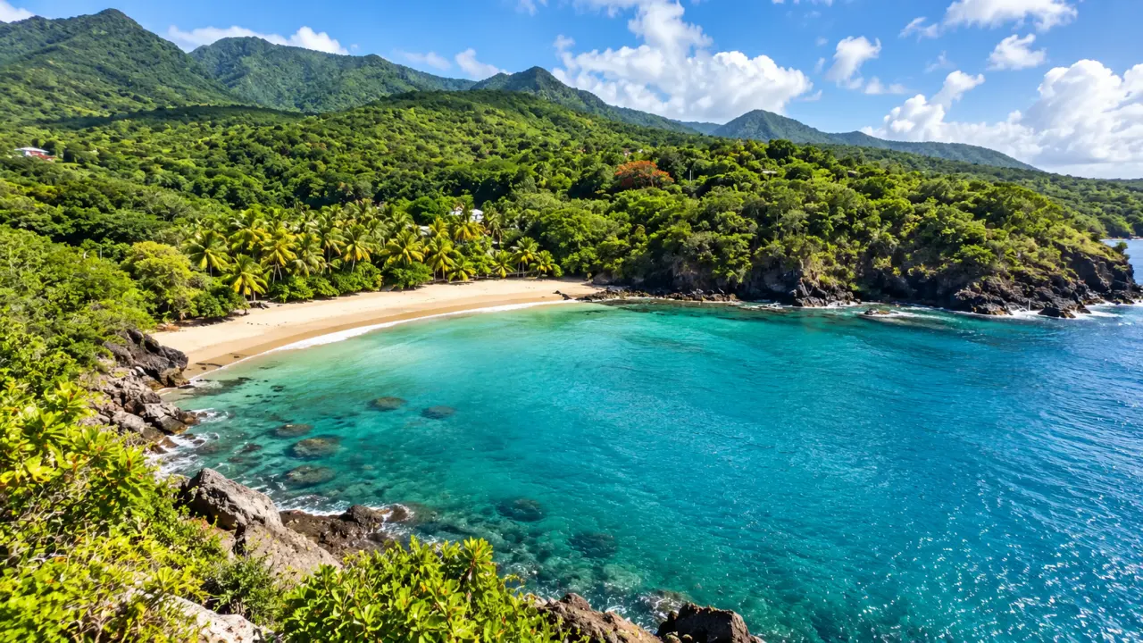 Baie de Guadeloupe aux eaux turquoise, plage de sable bordée de végétation tropicale et montagnes verdoyantes de Basse-Terre.