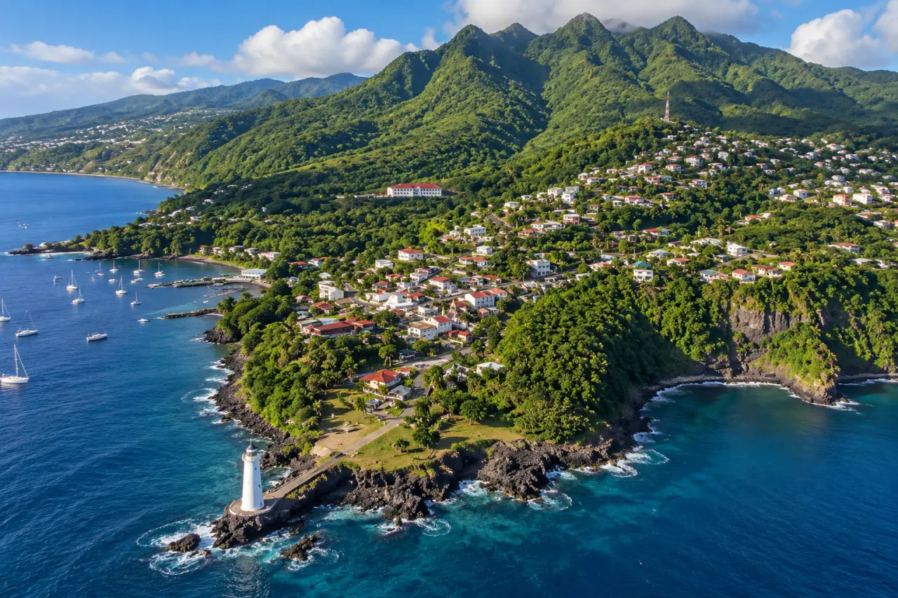 Gourbeyre en Guadeloupe vue du ciel, village tropical entre mer des Caraïbes et montagnes verdoyantes de Basse-Terre.