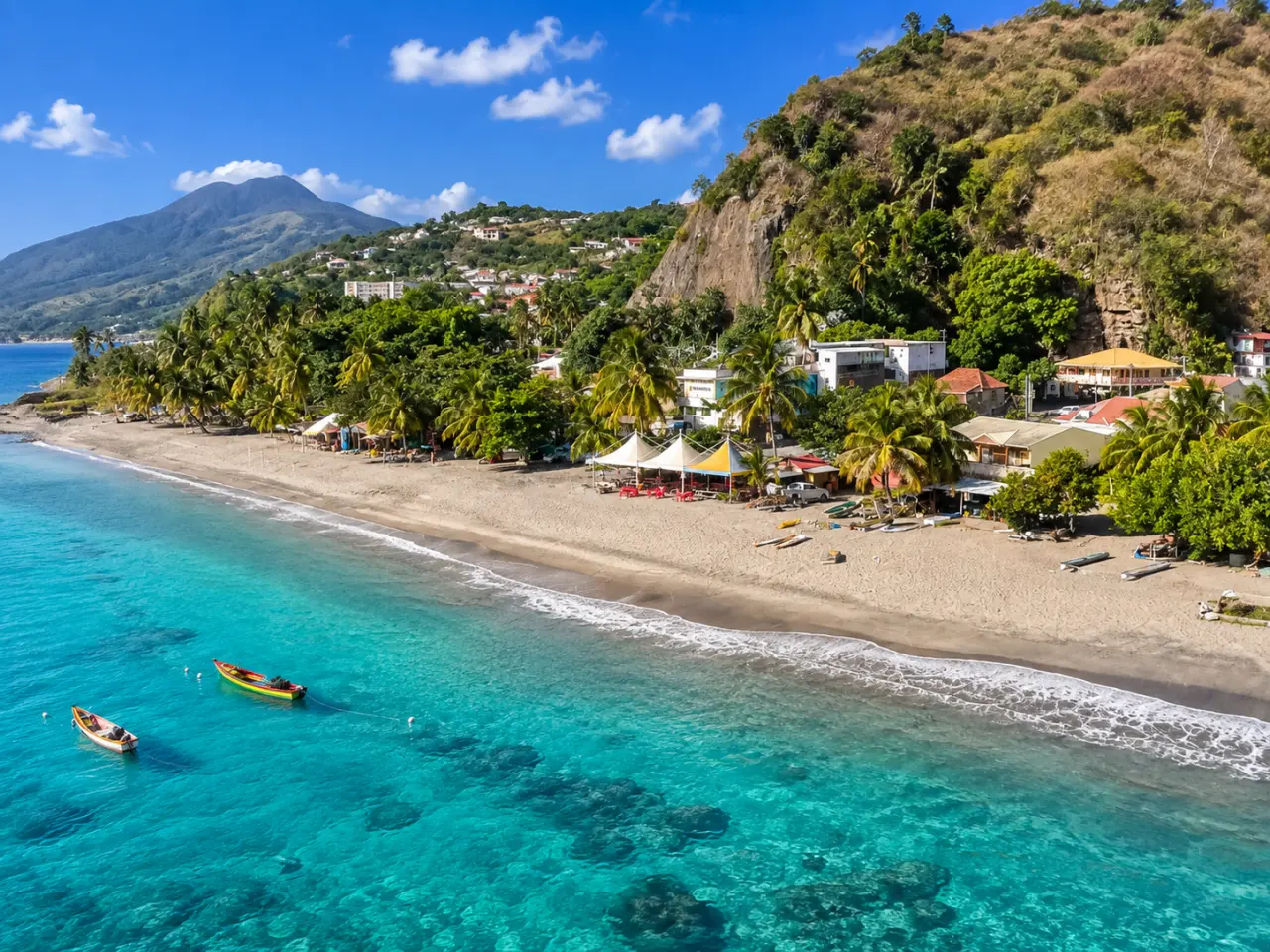 Plage du Carbet en Martinique, vue aérienne sur le sable bordé de cocotiers.