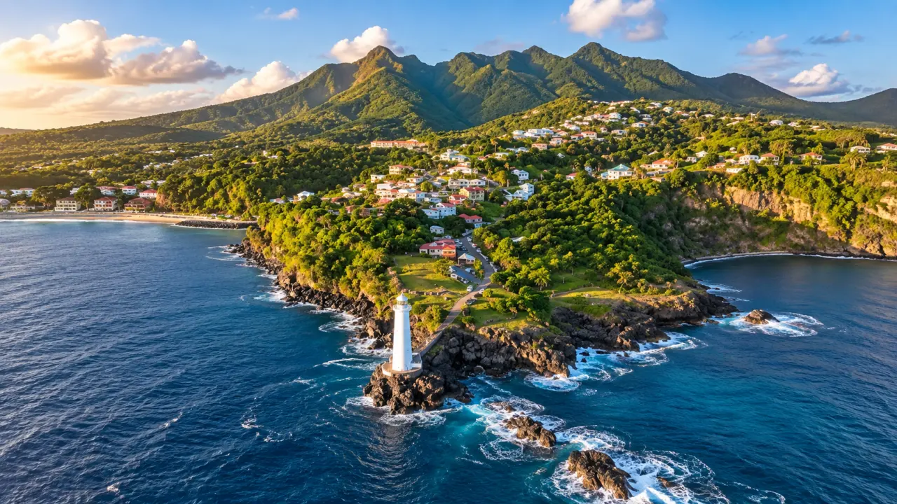 Phare de Gourbeyre en Guadeloupe vu du ciel, perché sur une pointe rocheuse face à la mer des Caraïbes, avec montagnes et végétation tropicale.