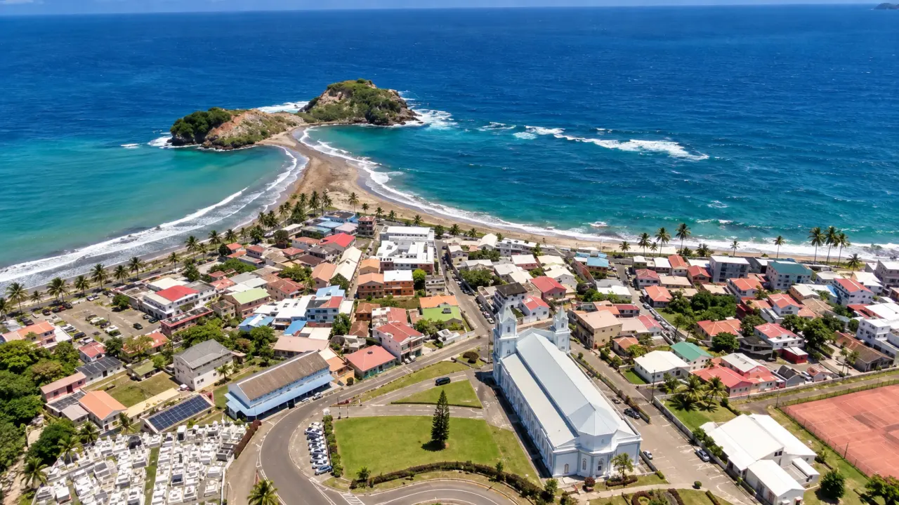 Sainte-Marie en Martinique vue du ciel, avec le bourg, l’église, le littoral tropical et le célèbre tombolo reliant les îlets au large.