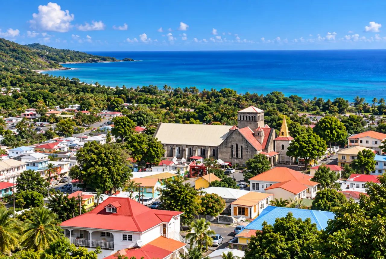 Vieux-Habitants en Guadeloupe vu du ciel, village créole, église historique et mer turquoise sous un ciel bleu