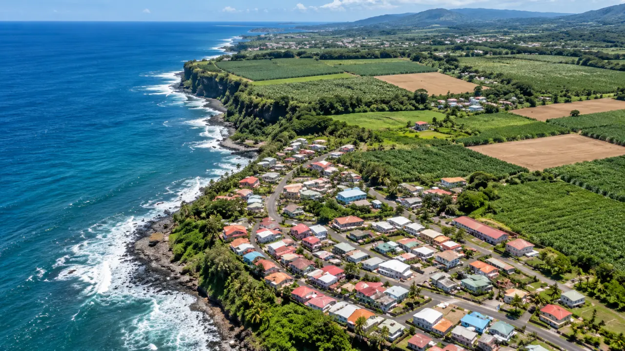 Village côtier de Martinique vu du ciel, maisons colorées entre champs agricoles, végétation tropicale et littoral rocheux de la côte martiniquaise.