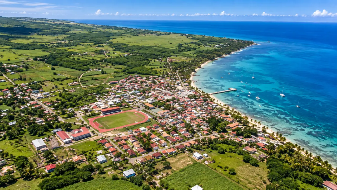 Vue aérienne de Port-Louis en Guadeloupe, village côtier, plage de sable, eaux turquoise, maisons colorées et campagne verdoyante.