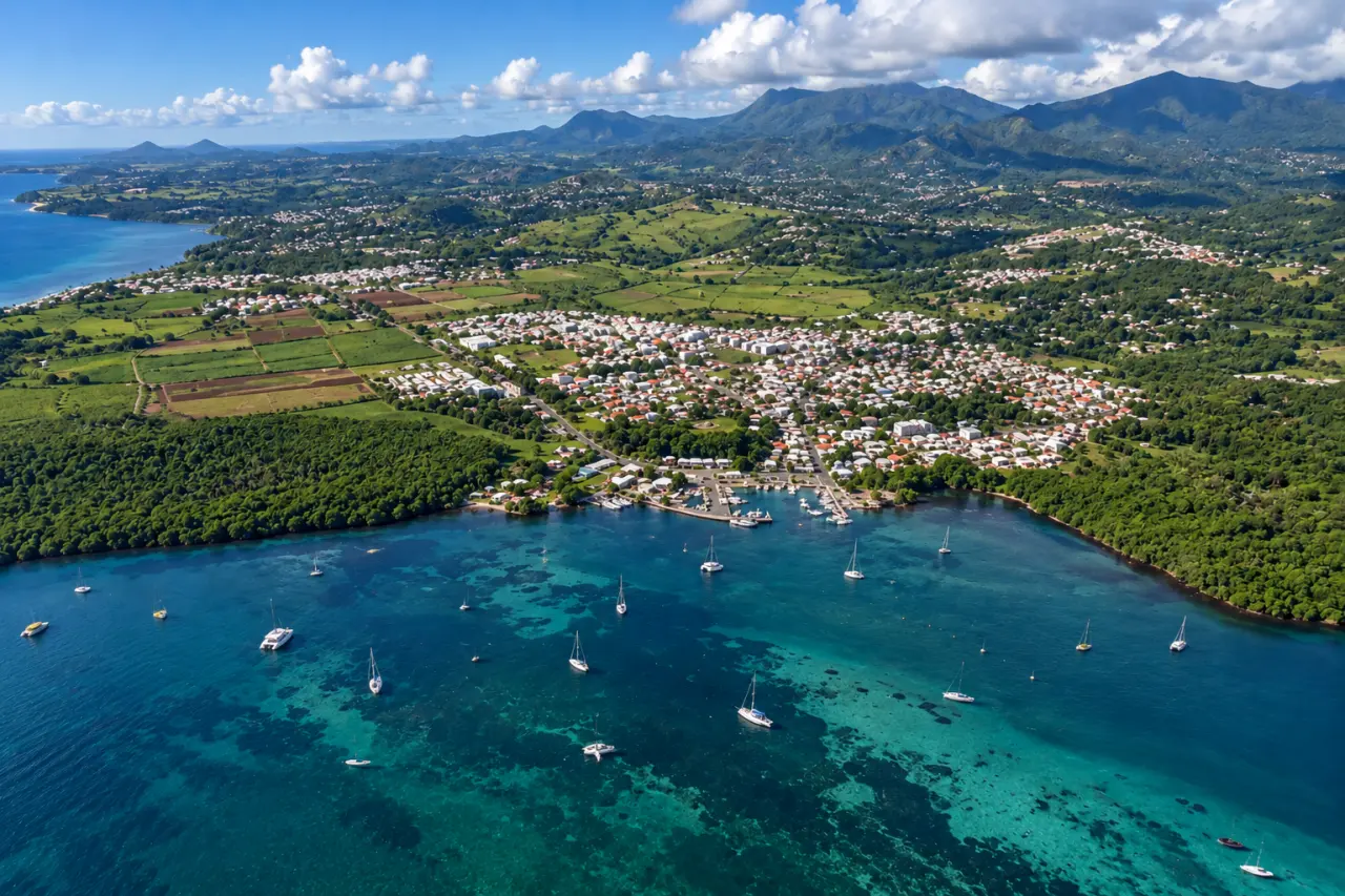 Vue aérienne ultra réaliste de Goyave en Guadeloupe, avec sa baie turquoise, ses bateaux, ses mangroves, ses habitations et les montagnes tropicales en arrière-plan.