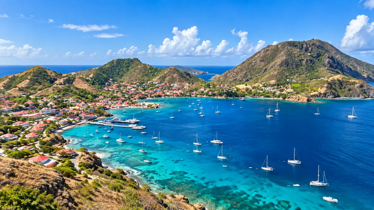 Vue panoramique sur Grand-Bourg à Marie-Galante en Guadeloupe, avec baie turquoise, voiliers, village créole et reliefs tropicaux.