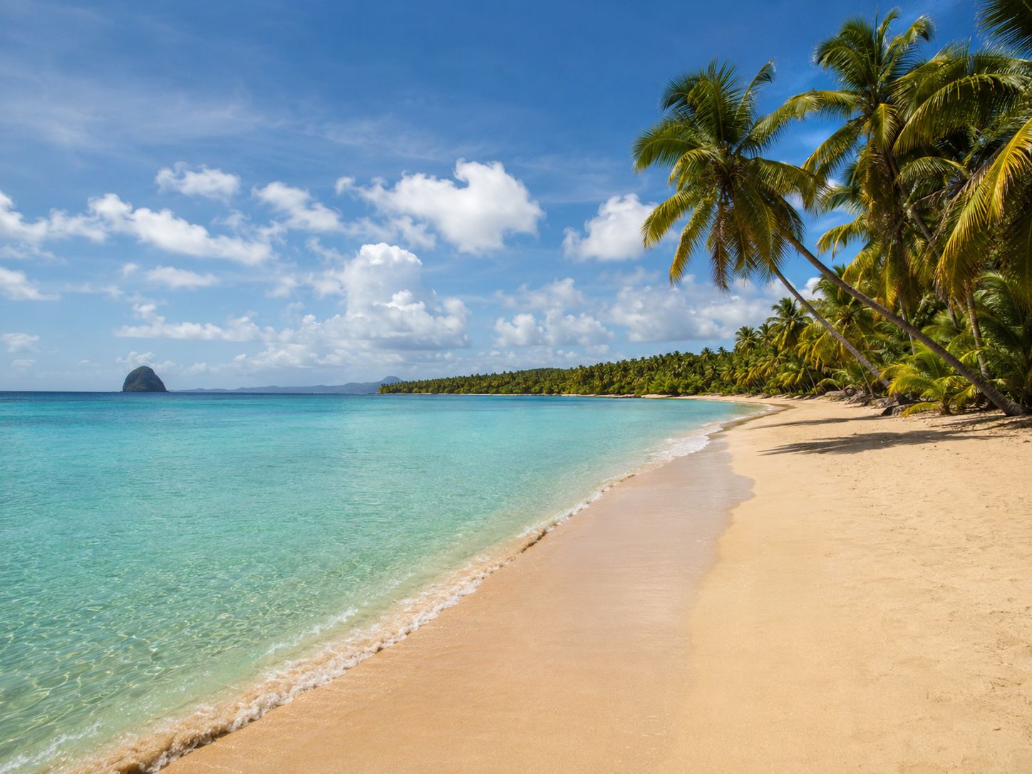 Grande Anse du Diamant en Martinique : plage de sable doré bordée de cocotiers penchés avec le rocher du Diamant au loin.