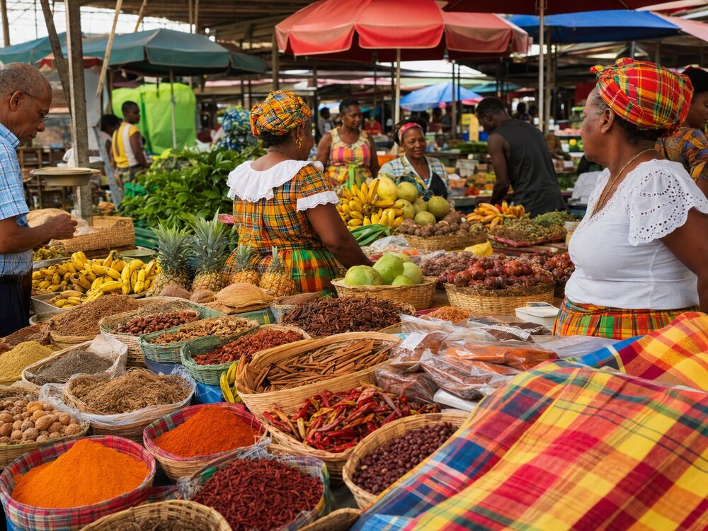 Marché créole avec des stands madras et étalages de produits locaux.