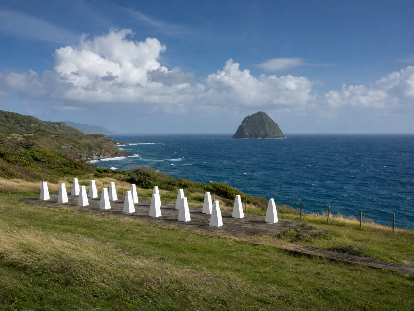 Mémorial Cap 110 au Diamant en Martinique : statues blanches alignées face à la mer et au rocher du Diamant au loin.