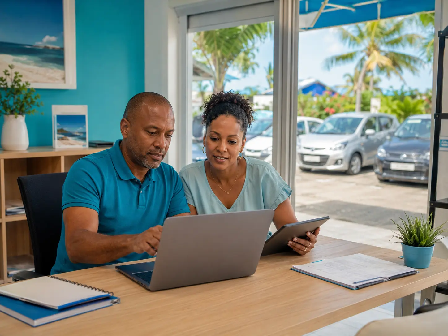 collaborateurs de l'agence de location de voiture en train de faire un point sur les contrats de location