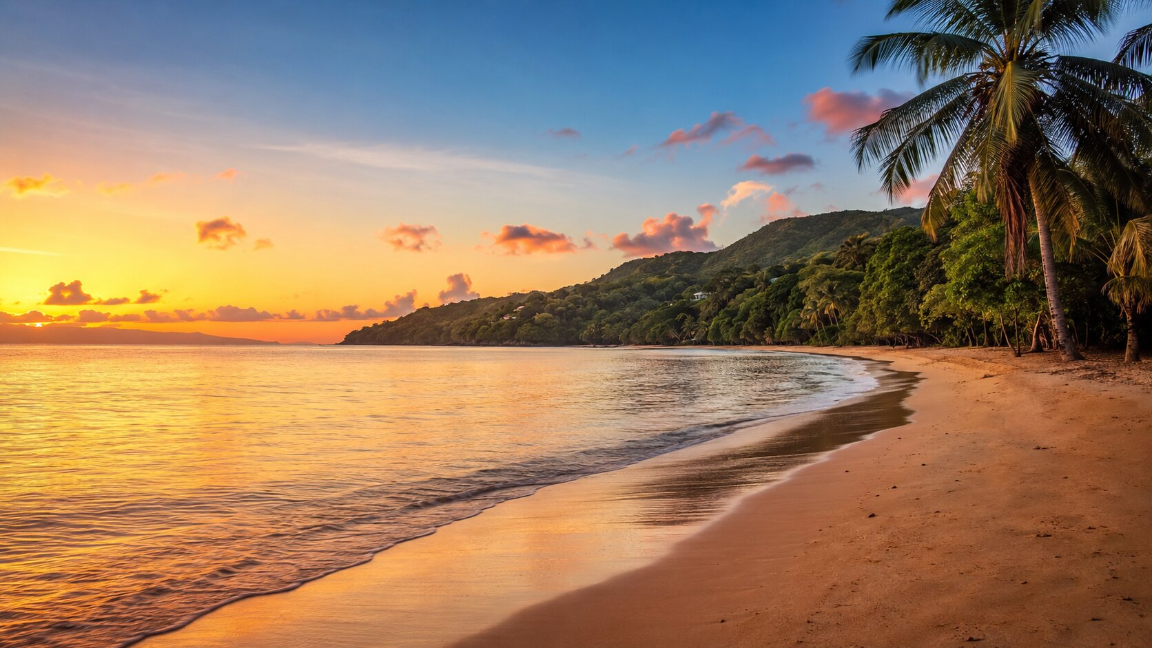 Baie des Saintes vue de la plage avec un magnifique couché de soleil.