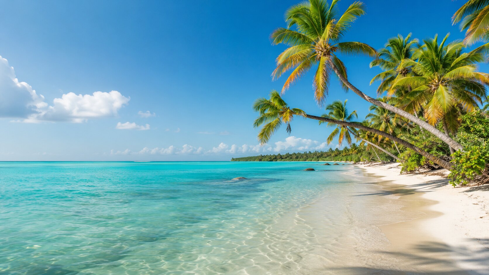 Lagon turquoise et cocotiers de Grande-Terre sous un ciel tropical