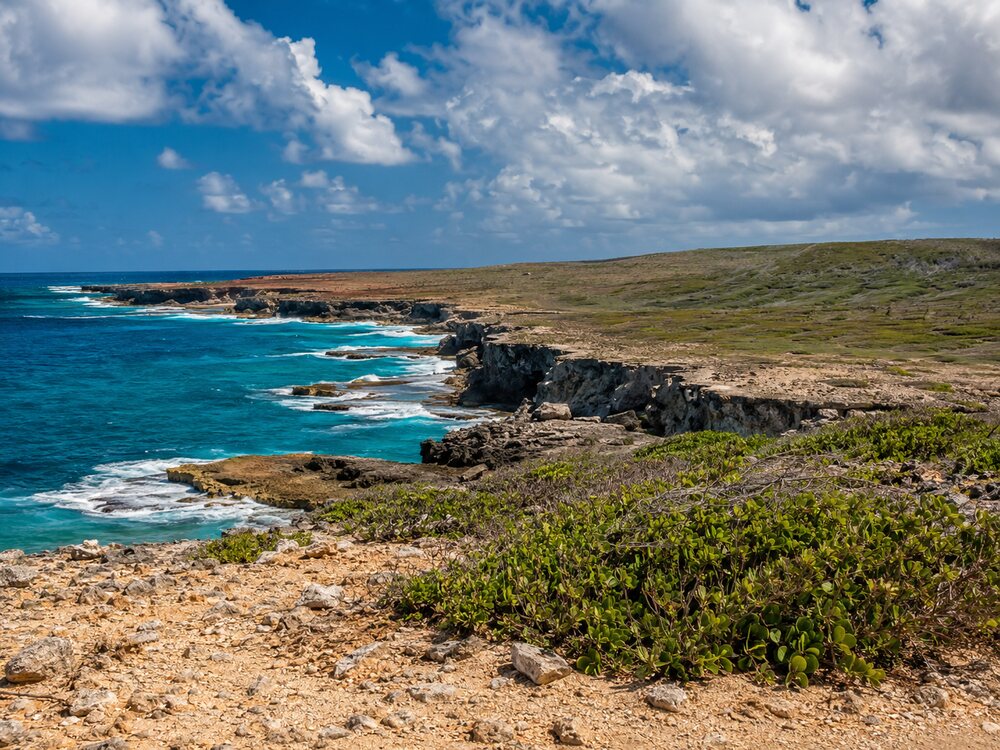 plage avec une eau turquoise et des vagues qui frappent sur la cote de La Désirade.