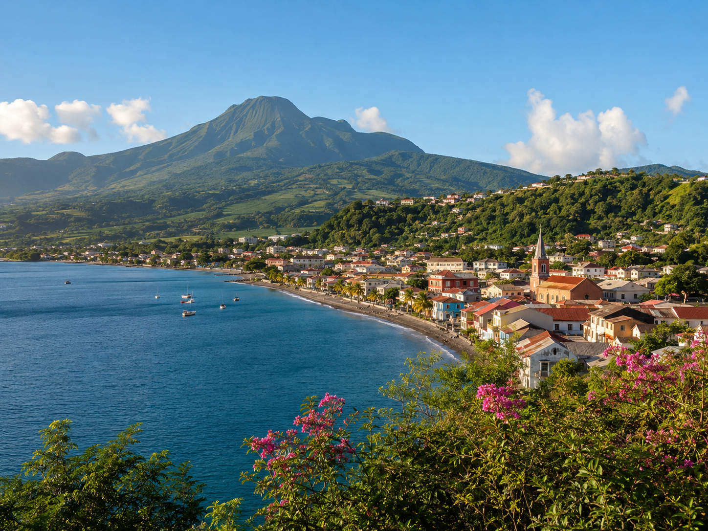 Vue de Saint-Pierre en Martinique : ville côtière au bord d'une mer bleue, dominée par la majestueuse Montagne Pelée.