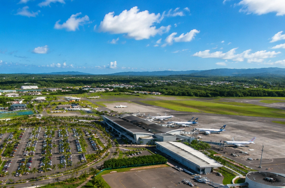 Vue aérienne de l'aéroport Guadeloupe Maryse Condé à Pointe-à-Pitre avec un ciel bleu dégagé.