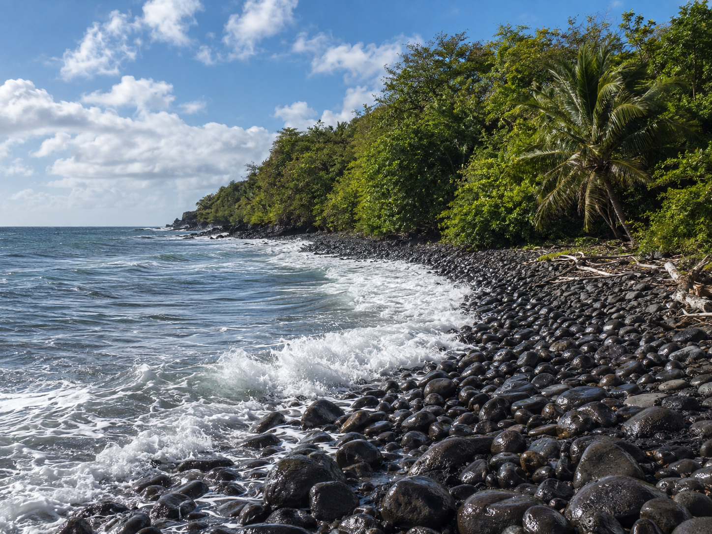Vue côtière sauvage de l'Anse Duquerry à Trois-Rivières en Guadeloupe, montrant une plage de gros galets noirs volcaniques luisants, bordée par une mer agitée à l'écume blanche et une forêt tropicale dense avec des cocotiers.