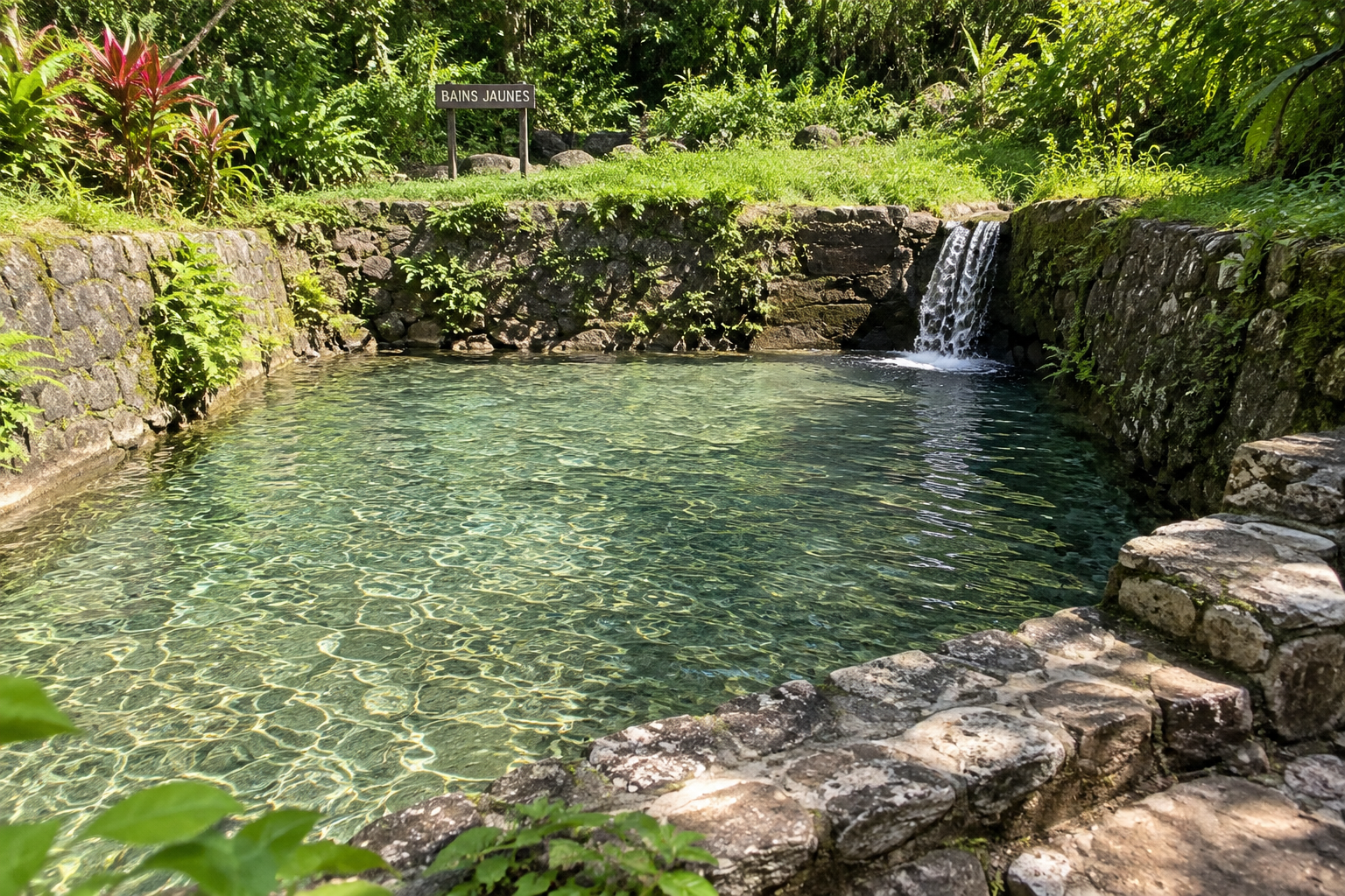 Bains Jaunes à la Soufrière en Guadeloupe, bassin d’eau thermale au cœur de la forêt tropicale avec cascade.