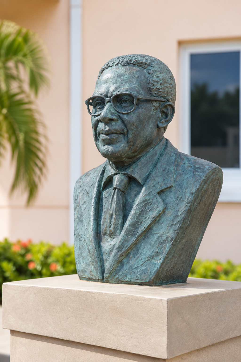 Buste en bronze à Basse-Pointe en Martinique, représentant une personnalité locale et exposé sur un socle dans un cadre patrimonial.