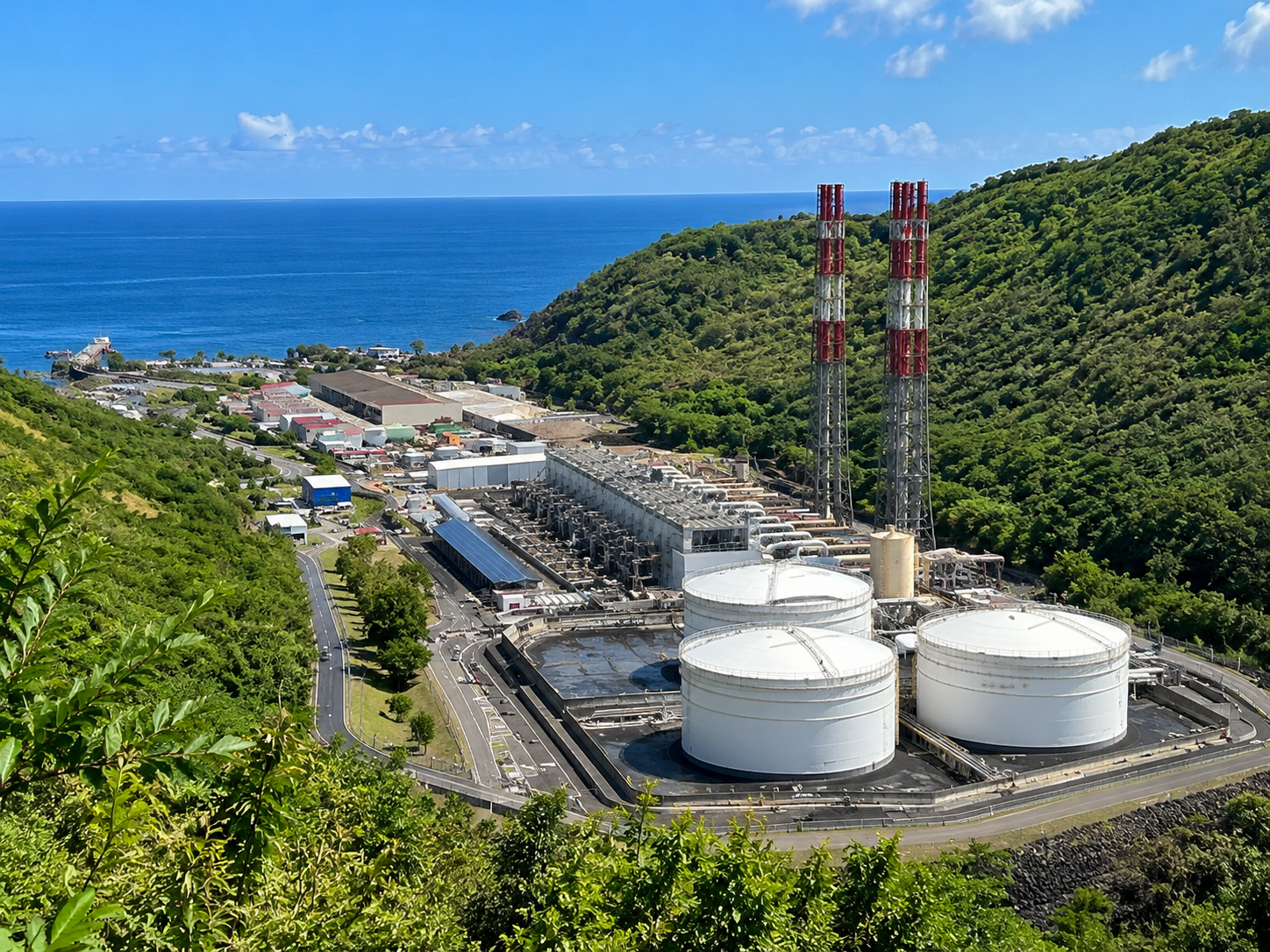 Centrale EDF de Bellefontaine en Martinique, vue aérienne sur les installations industrielles, les réservoirs et les cheminées au cœur d’un paysage tropical en bord de mer.