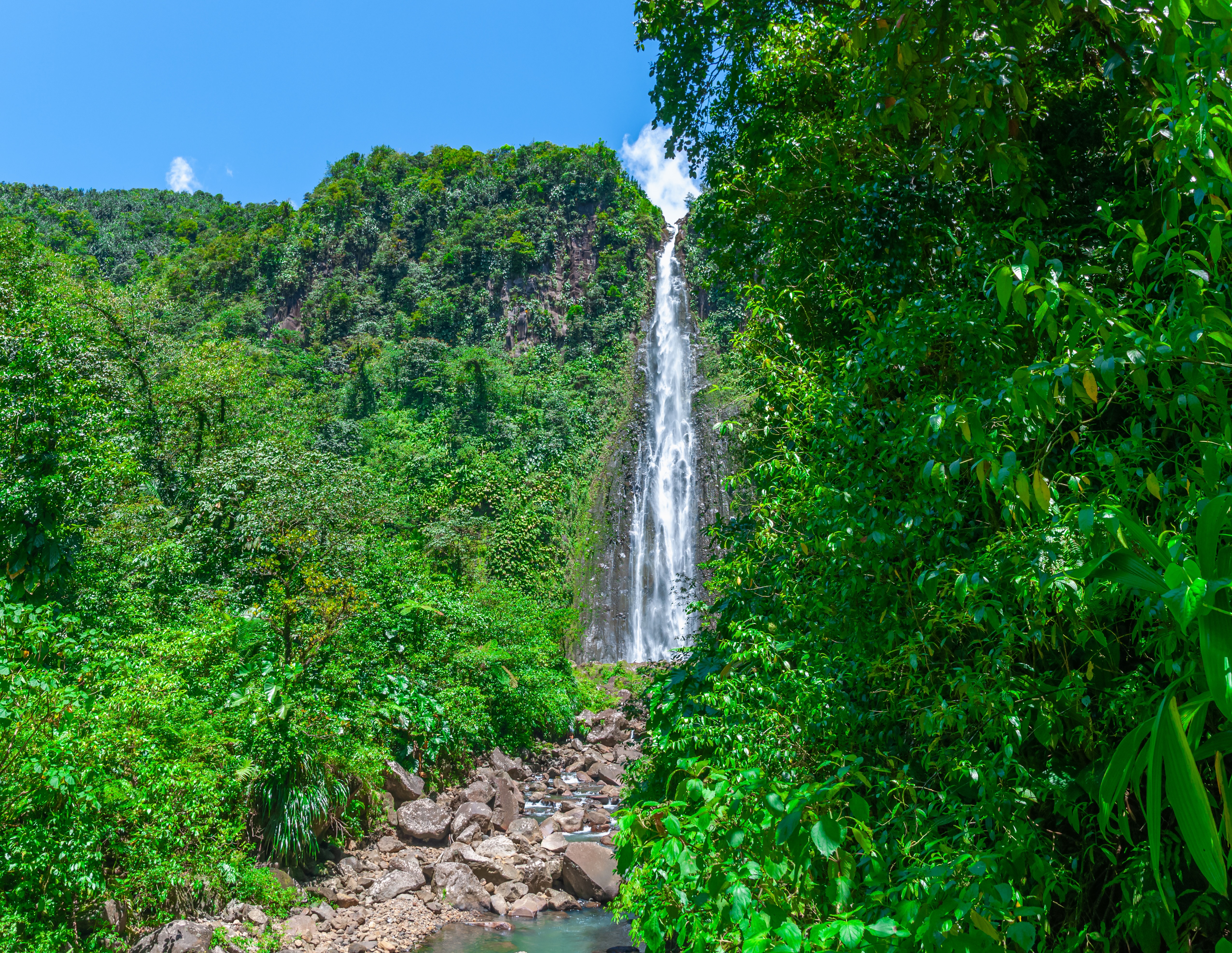 Cascade majestueuse des Chutes du Carbet en Guadeloupe, entourée d'une forêt tropicale luxuriante et de feuillage vert dense, vue sous un ciel bleu avec des nuages.