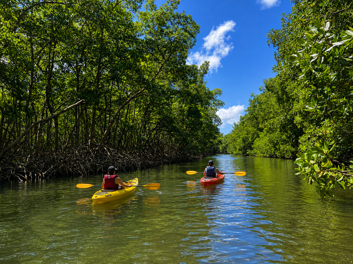 Deux personnes en kayak jaune et rouge naviguant sur une eau calme au milieu d'une mangrove dense sous un ciel bleu.