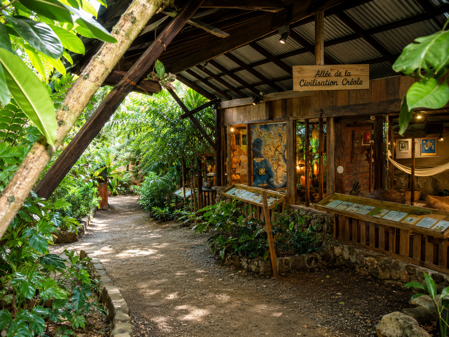 Allée ombragée à l'Écomusée Créole de la Guadeloupe à Sainte-Rose, montrant un chemin de terre bordé d'une végétation tropicale dense et d'une structure en bois abritant une exposition culturelle.