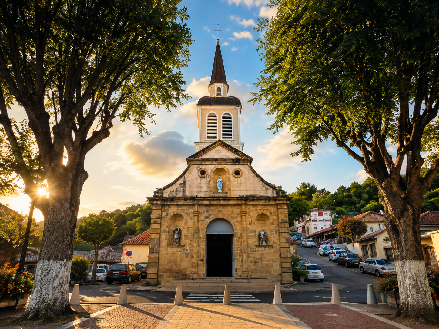 Église Notre-Dame de Sainte-Anne en Martinique : façade en pierre éclairée au coucher du soleil entre deux grands arbres.