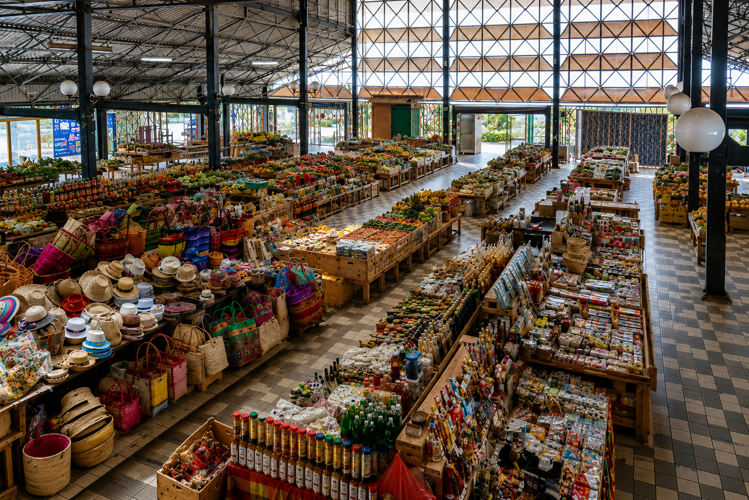Intérieur du Grand Marché couvert de Fort-de-France en Martinique : étals alignés de fruits, légumes et artisanat. 