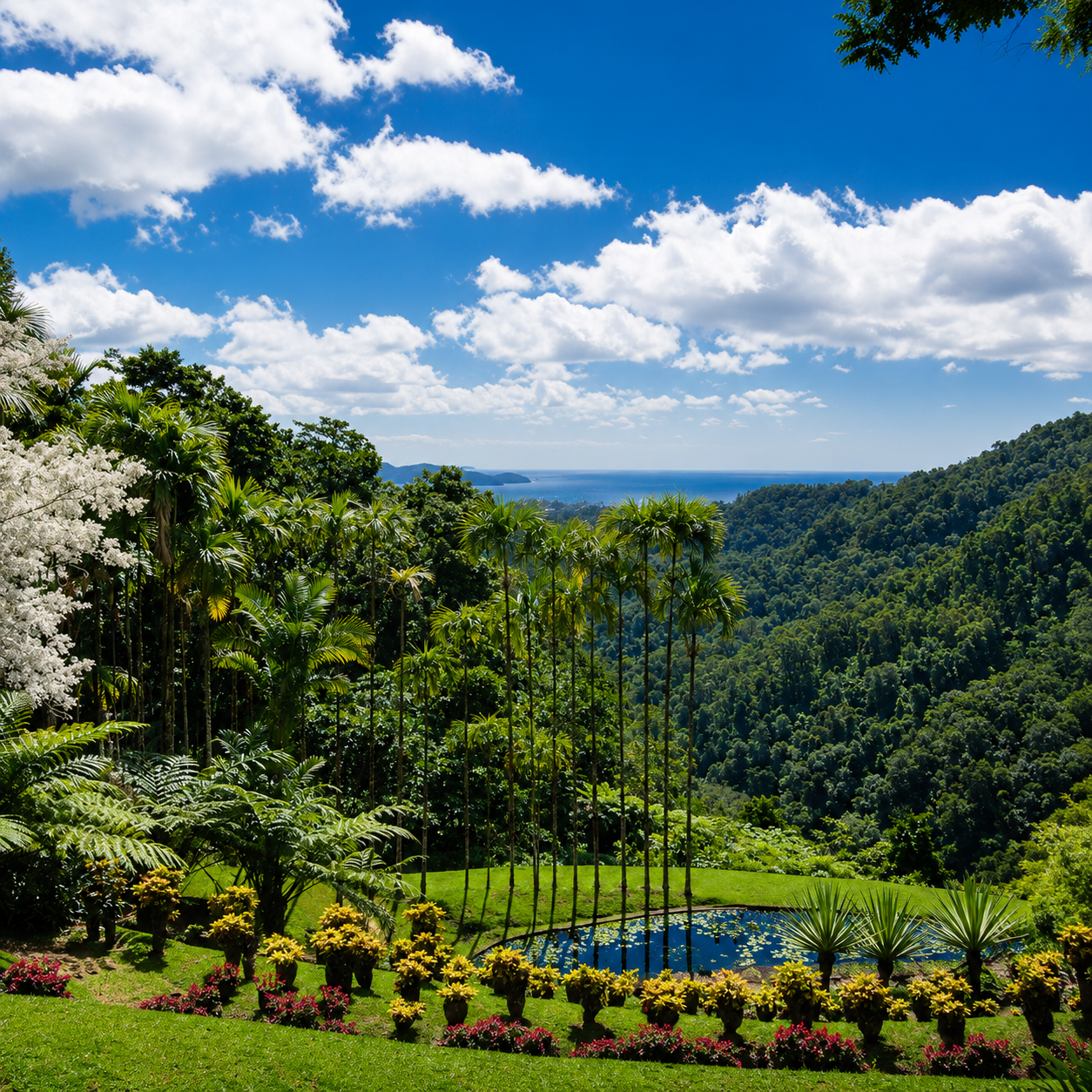 Jardin de Balata en Martinique : étang entouré de fleurs tropicales, palmiers, collines vertes et mer à l'horizon. 