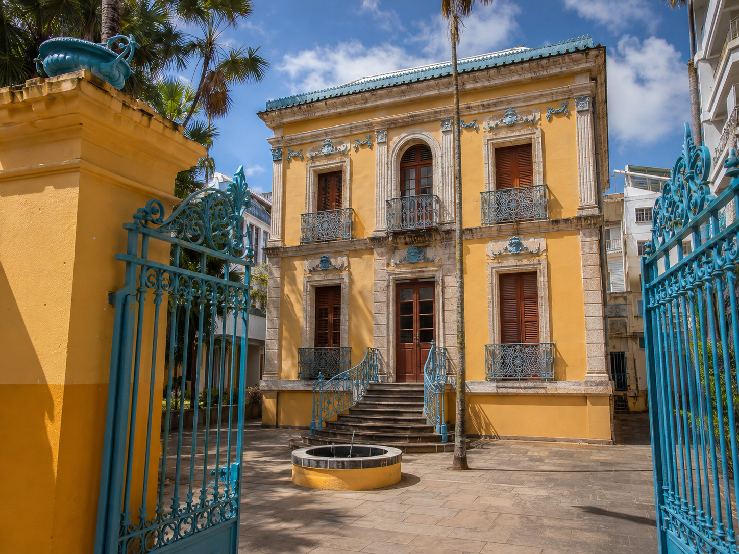 Vue depuis une grille en fer forgé bleue ouverte sur la cour pavée du Musée Schœlcher à Pointe-à-Pitre en Guadeloupe, montrant un bâtiment historique en pierre ocre à l'architecture néoclassique et un petit bassin circulaire au premier plan.
