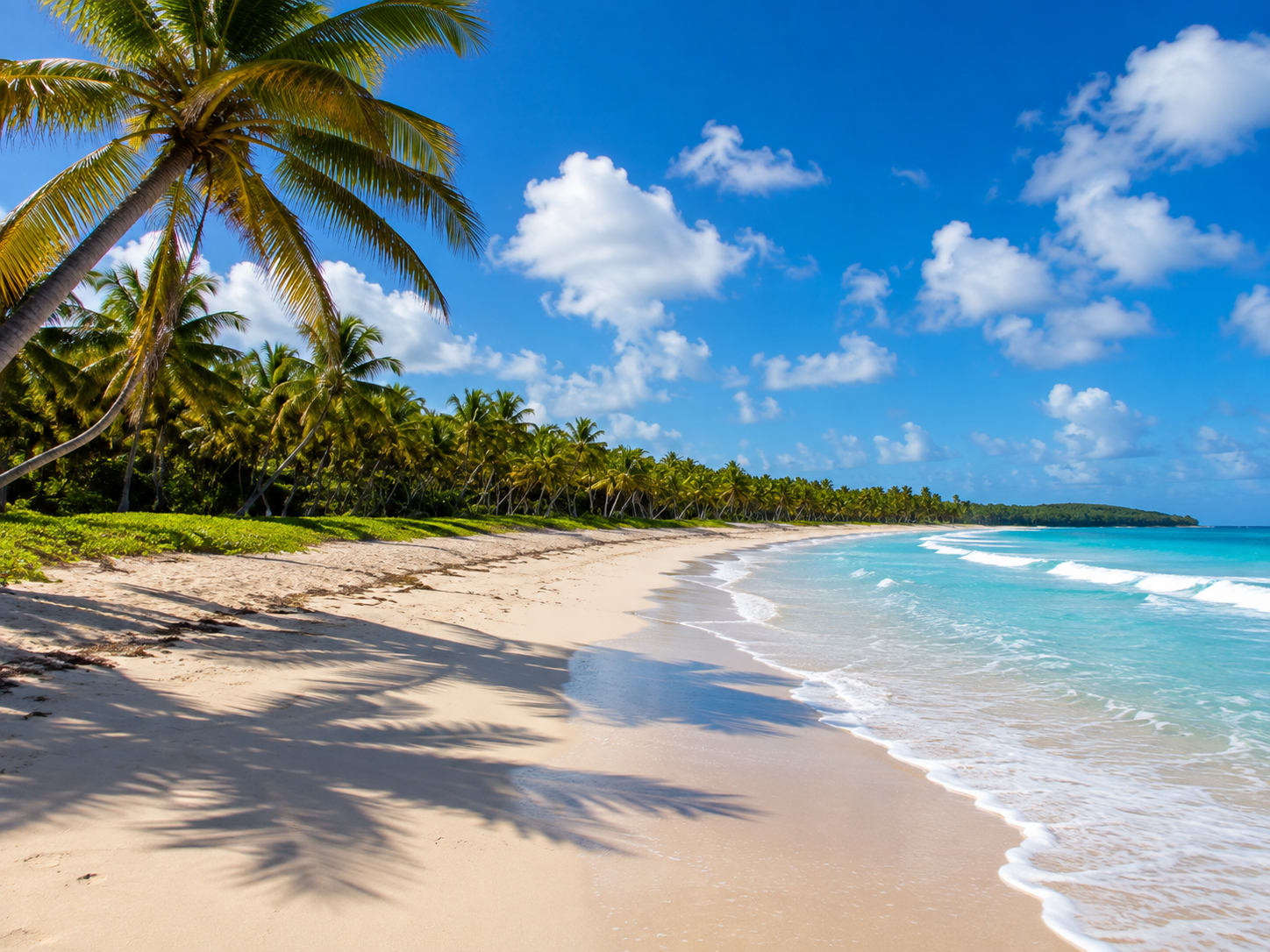 Plage de sable blanc du Grand Macabou bordée de cocotiers et d'une eau turquoise au Vauclin en Martinique.