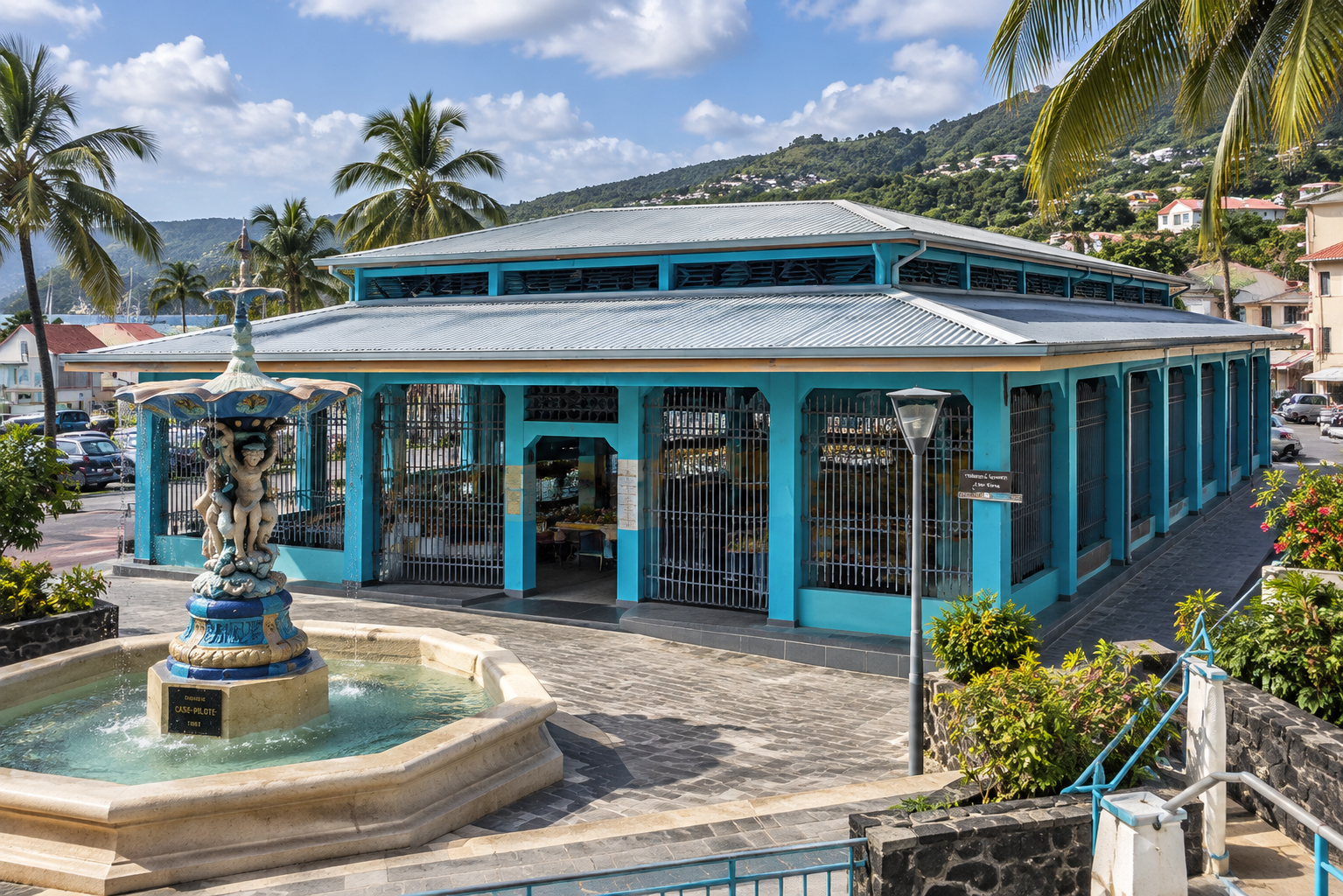 Marché couvert de Case-Pilote en Martinique avec fontaine sculptée, architecture créole et montagne tropicale en arrière-plan.