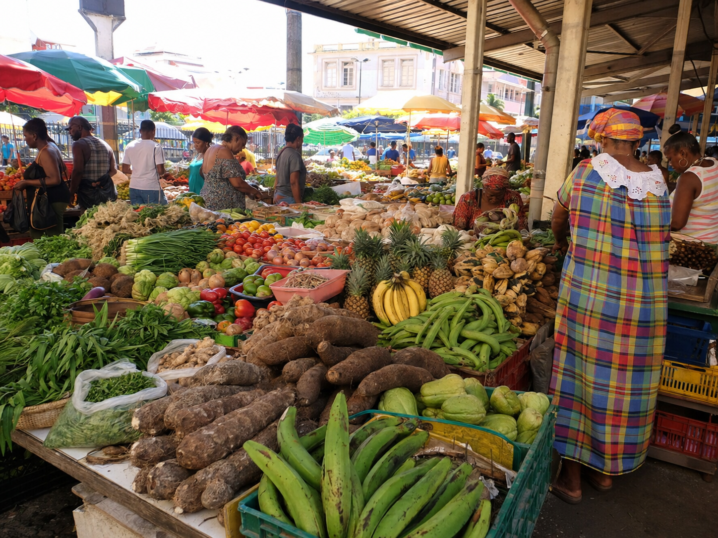 Le Marché Saint-Antoine de Pointe à Pitre en Guadeloupe avec ses etalages et produits locaux.