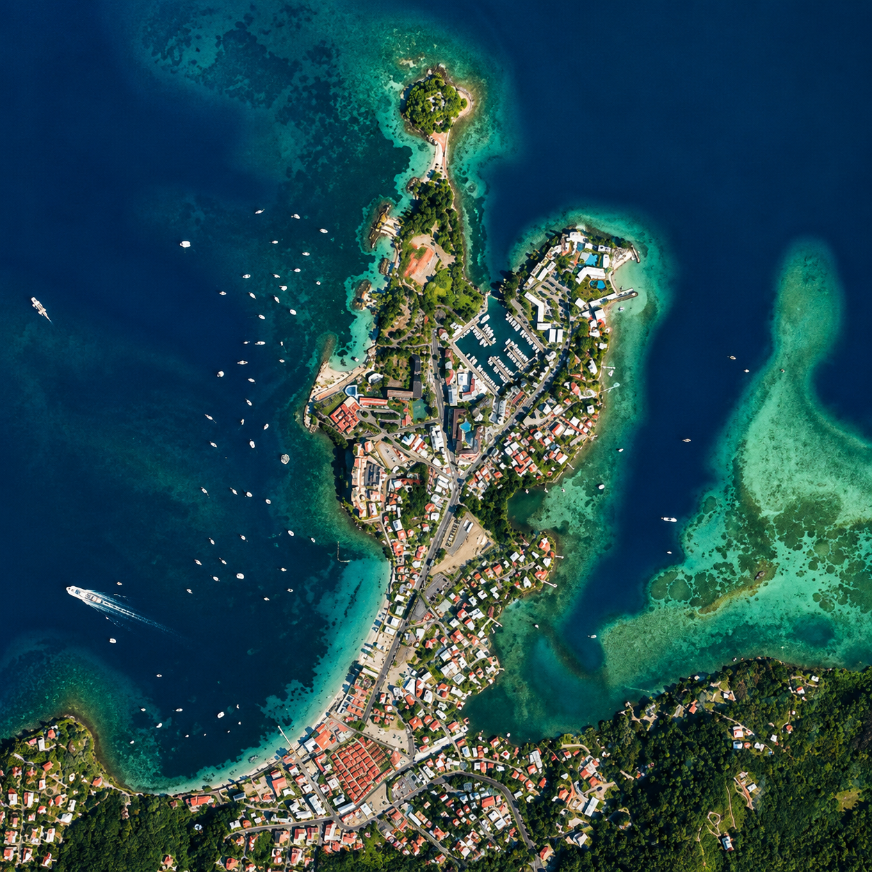 Vue aérienne verticale de la Pointe du Bout : presqu'île boisée s'avançant dans une mer bleu foncé et lagon turquoise.