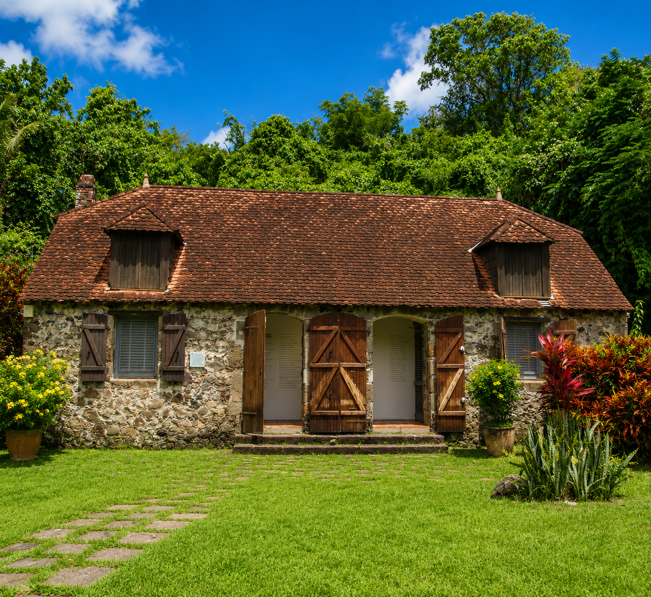 Maison en pierre historique du Musée de la Pagerie aux Trois-Îlets, entourée d'un jardin et d'arbres tropicaux. 