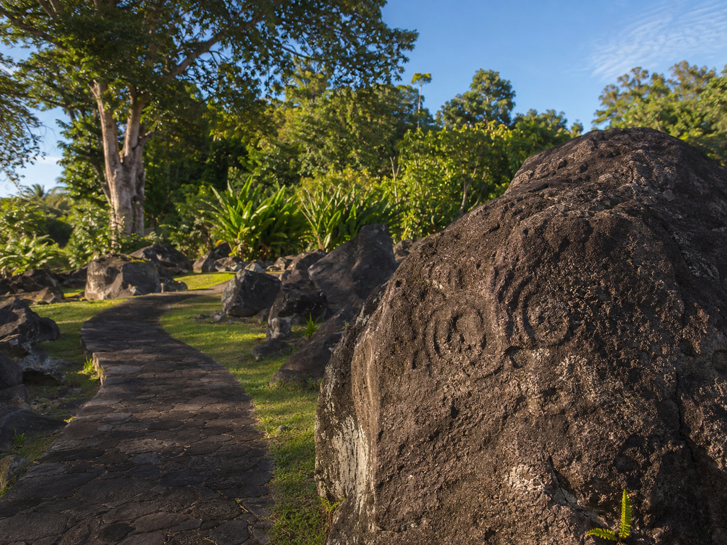 Grand rocher volcanique sombre gravé de pétroglyphes amérindiens représentant des visages stylisés, situé au Parc archéologique des roches gravées de Trois-Rivières en Guadeloupe, avec un sentier aménagé traversant un jardin tropical.