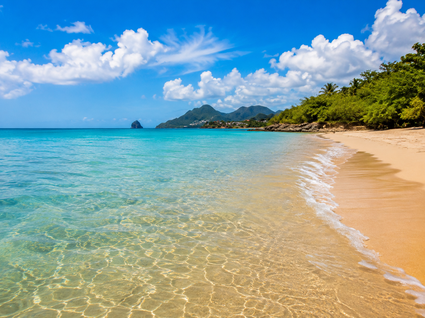 Eaux cristallines de la plage d'Anse Corps de Garde à Sainte-Luce en Martinique avec le Rocher du Diamant au loin.