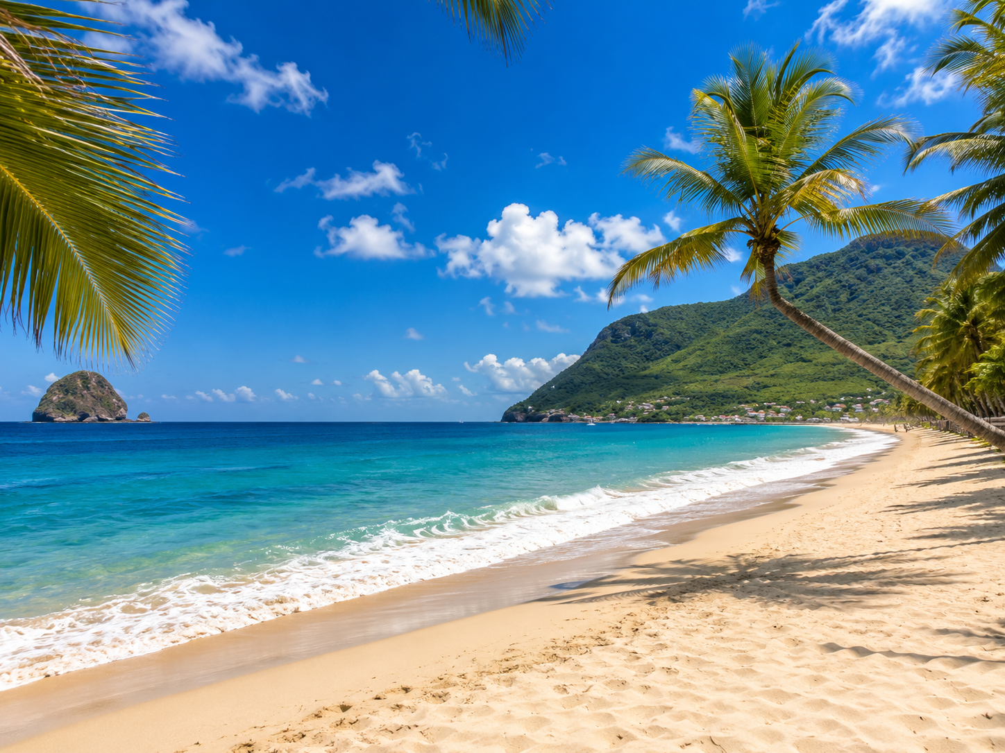 Plage de la Grande Anse du Diamant avec ses palmiers face au Rocher du Diamant en Martinique.