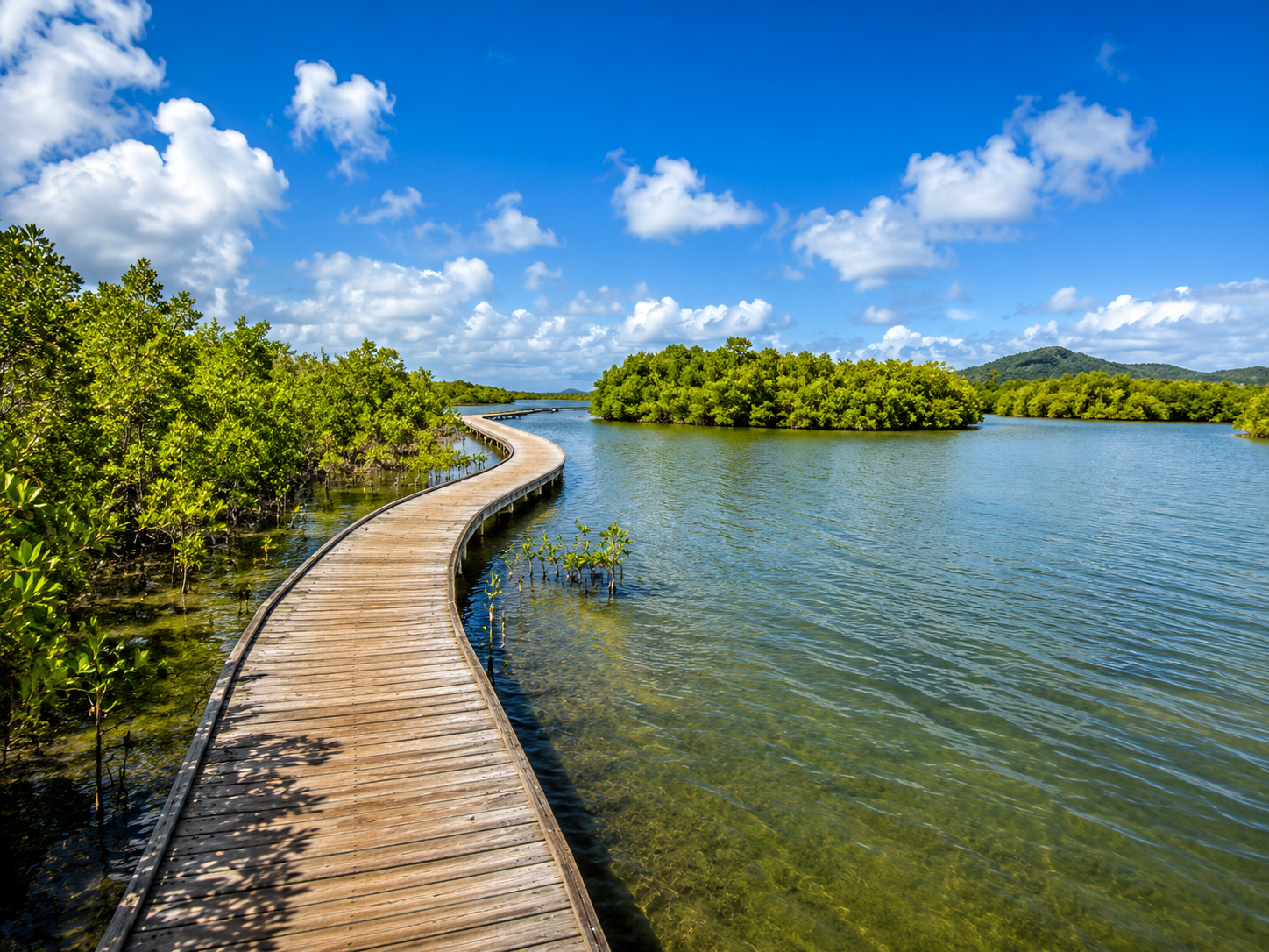Ponton sinueux en bois traversant l'Étang des Salines à Sainte-Anne en Martinique, bordé par une mangrove verdoyante. 