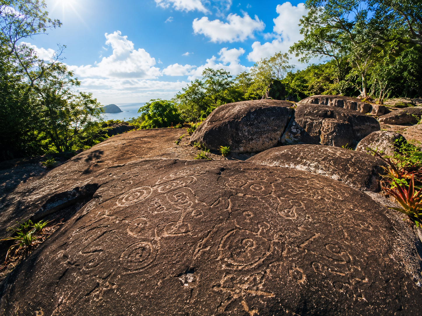 Pétroglyphes amérindiens gravés sur les roches de la forêt de Montravail à Sainte-Luce en Martinique.