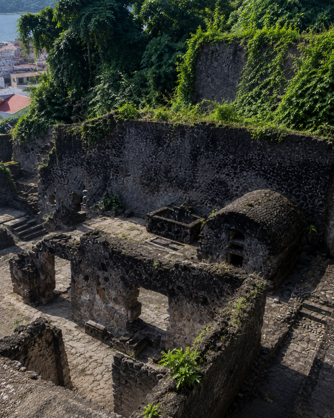 Ruines en pierre de l'ancien théâtre de Saint-Pierre en Martinique, détruit en 1902 et recouvert par la végétation.